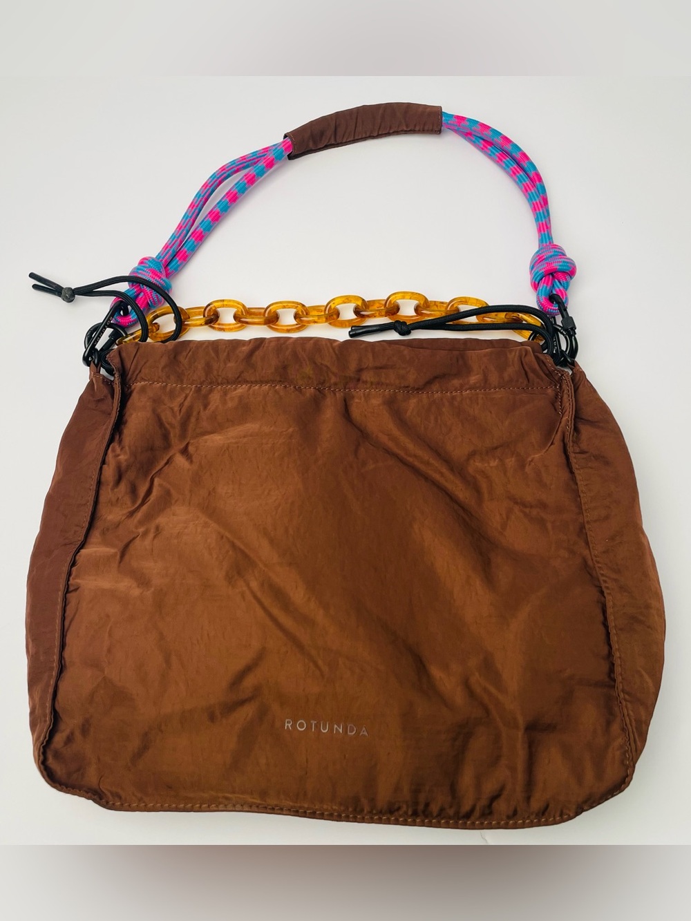 ROTUNDA Brown Nylon Slouchy Shoulder Bag Neon Climbing Rope Amber Link Carabiner